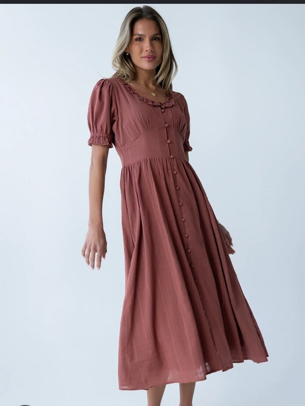 NWT Bohme Demi Maxi Dress In Marsala Boho Cottagecore Puff Sleeve Button Ruffle - Picture 3 of 6